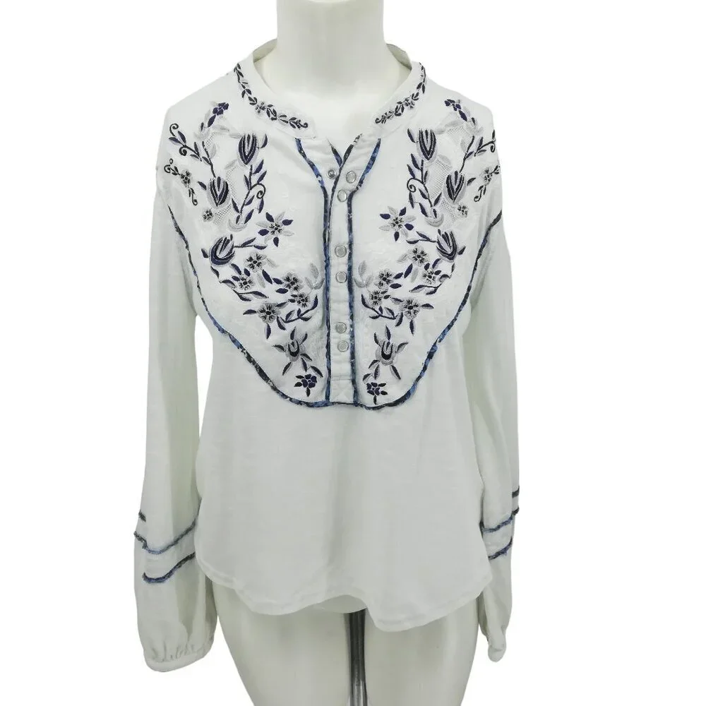 Free People Embroidered Floral Lace Henley Pearl Snap Shirt Size S Puff Sleeve